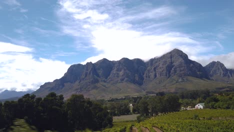 Vineyard-and-mountains-in-Stellenbosch-seen-from-car-window,-POV