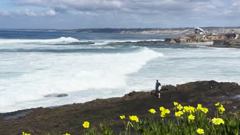 La-Jolla-Cove,-California-landscape-during-a-beautiful-sunny-day-with-two-people-looking-at-the-large-waves