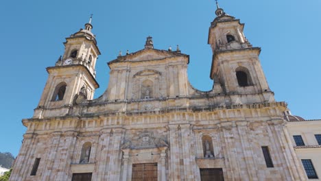 Facade-of-Metropolitan-Cathedral-Basilica-of-Bogota-and-Primate-of-Colombia,-church-of-catholic-worship