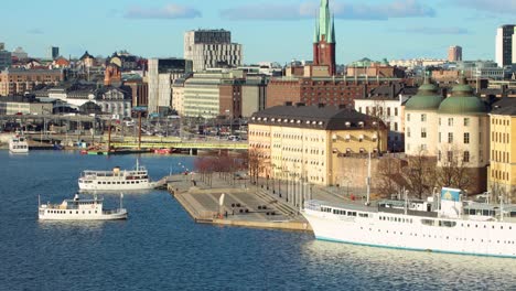 Static-view-of-ferry-traffic-on-spring-morning-in-central-Stockholm