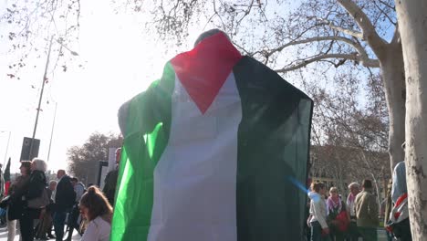 A-protestor-wears-a-Palestine-flag-during-a-march-in-solidarity-for-Palestine