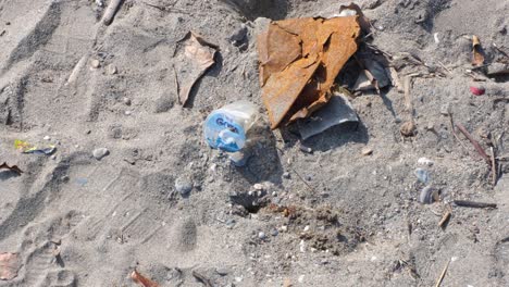 Crab-cleaning-up-sand-from-hole-on-beach-with-plastic-trash-and-other-rubbish-washed-ashore-from-ocean-on-a-remote-tropical-island-destination