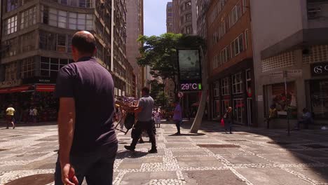 Sao-Paulo,-Brazil,-People-Walking-on-Pedestrian-Street-in-Downtown-on-Sunny-Day