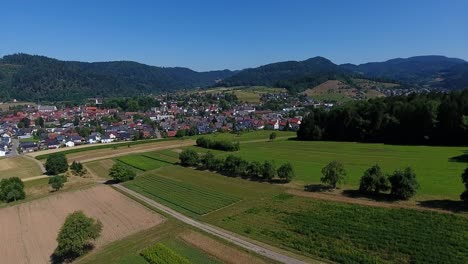 Ascending-view-from-a-field-to-the-panorama-of-the-Black-Forest,-Zell-am-Harmersbach-in-the-foreground,-on-a-summer's-day