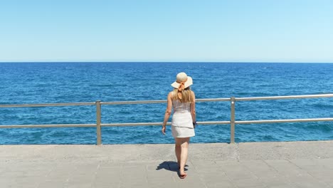 Woman-walks-towards-railing-on-a-waterfront-to-enjoy-the-beautiful-view