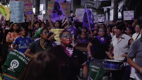 Drummers-play-for-Women's-Day-human-rights-protest,-march-in-Bolivia