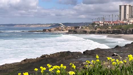 La-Jolla-Cove,-California-landscape-during-a-beautiful-sunny-day-with-large-waves