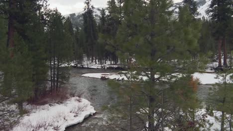 Stream-Through-Snow-And-Trees-In-Winter-At-Boise-National-Forest-In-Idaho,-USA