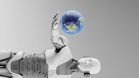Vertical-of-humanoid-robot-holding-planet-earth-globe-in-3d-rendering-animation