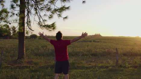 Hombre-Relajado-Abriendo-Los-Brazos-Y-Contemplando-La-Naturaleza-Al-Atardecer