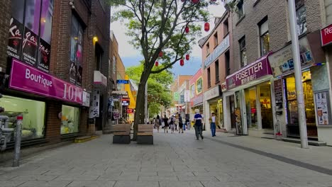 Sommer-Montreal-Chinatown-Touristen-Schlendern-Durch-Straßen,-Die-Nur-Für-Fußgängerverkehr-Mit-Interessanten-Geschäften-Mit-Kitschigen-Touristen-Umgewandelt-Wurden,-Die-Die-Mischung-Aus-Modernem-Traditionellem-Einzelhandel-In-Einer-Neuen-Stadt-Genießen