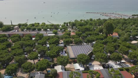 Aerial-View-of-Le-Palme-Camping-on-Shore-of-Lake-Garda,-Italy