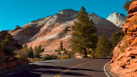 Zion-National-Park,-scenic-car-drive-in-breathtaking-rock-formation-nature-in-Utah