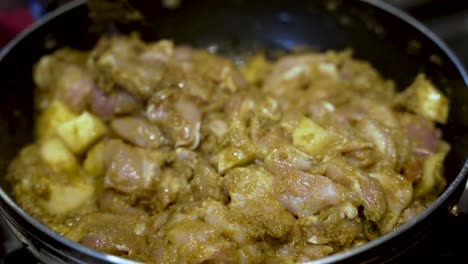 Stirring-chicken-and-potato-curry-in-a-pan,-home-cooking-scene,-warm-kitchen-lighting