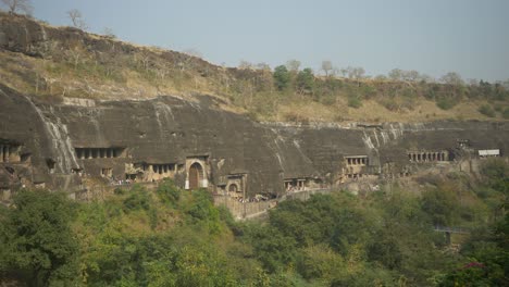 Panoramic-view-of-The-Ajanta-caves-monuments,-Maharashtra,-India