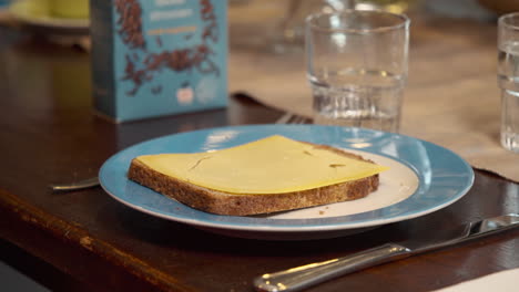 Elderly-male-hand-picking-up-slice-of-cheese-from-bread-on-plate