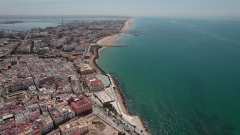 Luftaufnahmen-Der-Stadt-Cadiz-Mit-Blick-Auf-Die-Küstenzone-Und-Die-Altstadt,-Cadiz,-Spanien