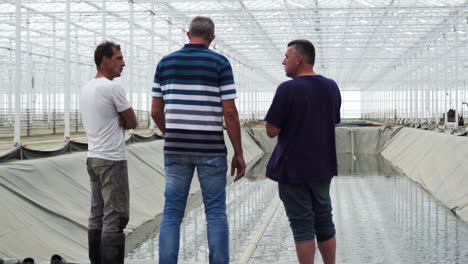 Three-man-standing-inside-a-greenhouse-and-looking-at-water-pond-for-irrigation