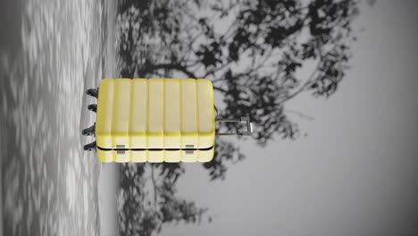 Vertikaler-Reisekoffer-Mit-Naturpflanze,-Baum,-Sommerbrise-Auf-Grauem-Hintergrund,-Konzept-Von-Reiseurlaub-Und-Remote-Arbeit,-3D-Rendering-Animation