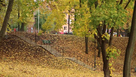 Colorful-shot-of-stairs-in-park-and-city-traffic-in-autumn,-Stockholm