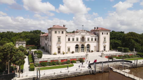 Miami,-Florida,-USA,-Aerial-View-of-Vizcaya-Villa,-Museum-and-Gardens,-Landmark-on-Hot-Sunny-Day,-Drone-Shot