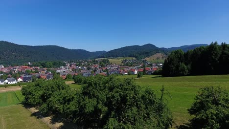 View-over-a-row-of-trees-to-Zell-am-Harmersbach-in-the-Black-Forest-on-a-sunny-day