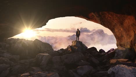 Adventurous-Man-Hiker-standing-in-a-cave-with-dramatic-cloud-and-snowy-mountain-view