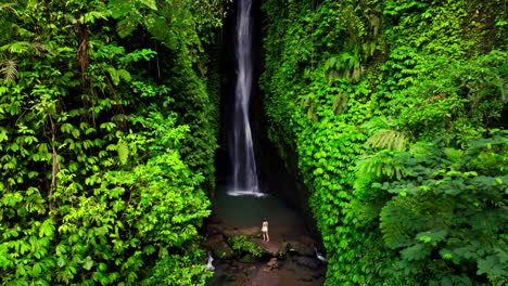 Person-standing-on-rocks-of-Leke-Leke-waterfall-hidden-in-lush-vegetation,-Bali-in-Indonesia