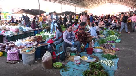 En-El-Mercado-De-Dao-Heuang,-Las-Mujeres-Se-Sientan-Rodeadas-De-Exhibiciones-De-Verduras-En-El-Suelo,-Mientras-Una-Gran-Multitud-Se-Alza-Al-Fondo.