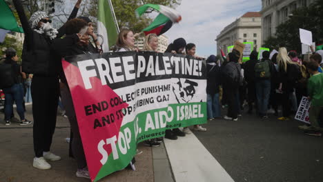 Eine-Gruppe-Von-Frauen-Hält-Beim-Pro-Palästina-Marsch-In-Washington-Ein-Banner-Mit-Der-Aufschrift-„Free-Palestine“-Hoch.