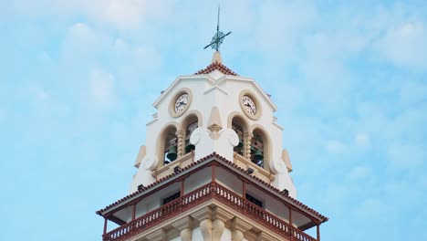 Basilica-of-Candelaria-church-tower,-time-lapse-static-low-angle-shot,-Tenerife