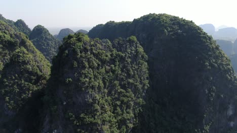 Vista-Aérea-De-Drones-En-Vietnam-Girando-Alrededor-De-árboles-Verdes-Montañas-Rocosas-Sobre-Un-Ancho-Río-Marrón-En-Ninh-Binh-En-Un-Día-Soleado