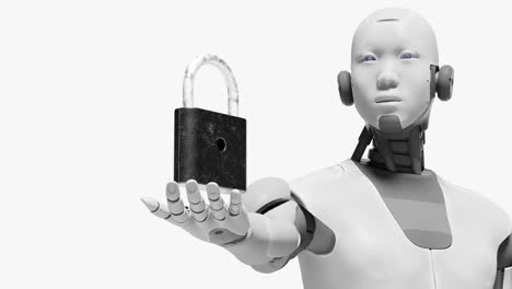 Artificial-intelligence-prototype-cyborg-robot-holding-a-padlock-portable-lock-in-palm-hand