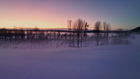 Misty-sunrise-over-Bysjon-Lake,-Sweden,-with-silhouetted-trees-in-winter