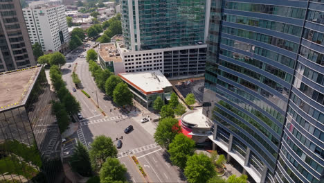 Descending-drone-shot-of-downtown-in-Buckhead-District-of-Atlanta