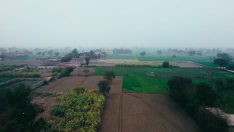 Misty-morning-aerial-view-of-lush-Pakistani-farmland,-with-fields-of-varying-crops,-hazy-skies