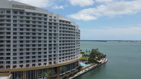 Aerial-View,-Mandarin-Oriental-Hotel,-Brickell-Key,-Miami,-Florida-USA-on-Sunny-Day