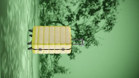 Vertikaler-Reisekoffer-Mit-Naturpflanzenbaum,-Sommerbrise-Auf-Grünem,-Unverschmutztem-Hintergrund,-Konzept-Von-Reiseurlaub-Und-Remote-Arbeit,-3D-Rendering-Animation