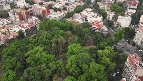 Park-with-many-trees-in-middle-of-Napoles-neighborhood-in-Mexico-City,-from-drone