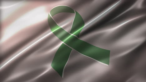 Gallbladder-Cancer-Green-Ribbon,-Awareness-flag,-perspective-view,-high-angle,-glossy,-elegant-silky-texture,-realistic-4K-CG-animation,-sleek,-slow-motion-fluttering,-seamless-loop-able