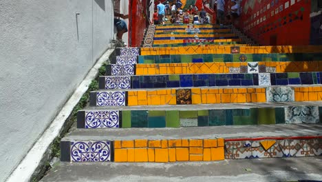 Selaron-Stairways,-Popular-Tourist-Attraction-in-Rio-De-Janeiro,-Brazil,-Walking-Upstairs,-Low-Angle