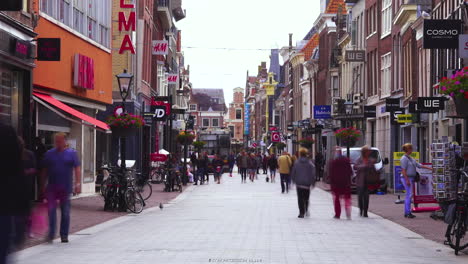 Time-lapse,-busy-shopping-street-of-Alkmaar,-people-rushing-by,-The-Netherlands