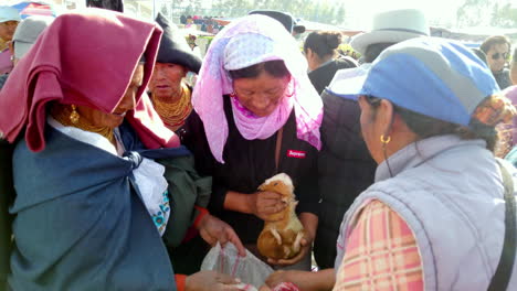 Two-indigenous-women-trading-goods-in-Otavalo-market,-Ecuador,-daytime,-vibrant-culture-scene,-handheld-shot