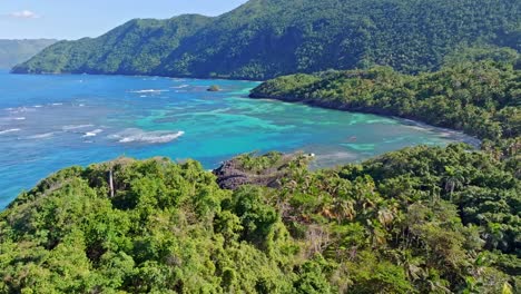 Wodded-rainforest-coast-with-turquoise-blue-ocean-water,-aerial-forward