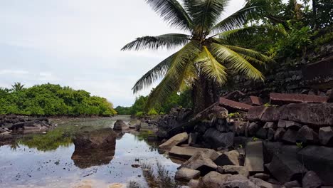 Vista-Panorámica-Del-Canal-De-La-Laguna-Que-Rodea-La-Antigua-Ciudad-De-Nan-Madol-Con-Una-Gran-Pared-Exterior-De-Piedra-En-Pohnpei,-Estados-Federados-De-Micronesia.