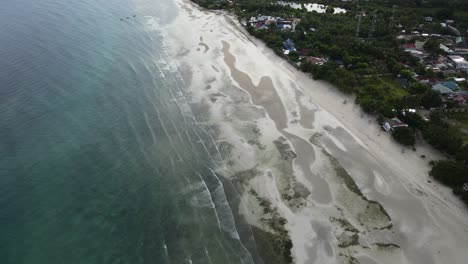 Panoramic-Waves-Reach-Shore-at-Philippines-Tropical-Beach-Jungle-Aerial-Drone-Blue-water,-Travel-Destination-Southeast-Asian