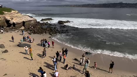 Zeitraffer-Von-Menschen-In-La-Jolla-Cove-Mit-Brechenden-Wellen-Im-Hintergrund-An-Einem-Wunderschönen-Sonnigen-Tag-In-La-Jolla-Cove-In-Kalifornien