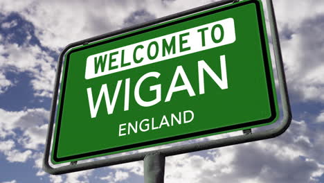 Welcome-to-Wigan,-England,-UK-City-Road-Sign,-Realistic-3D-Animation