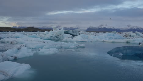 Glacier-Lagoon,-Jökulsárlón,-Iceland,-with-icebergs-and-flowing-icy-blue-water