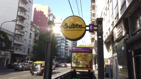 Urban-entrance-to-subway-underground-metro-public-transport-at-buenos-aires-city-streets,-Argentine-Avenue-at-Pichincha-Station